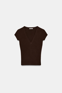 ZARA ФУТБОЛКА С V-ОБРАЗНЫМ ВЫРЕЗОМ, КОРИЧНЕВЫЙ
