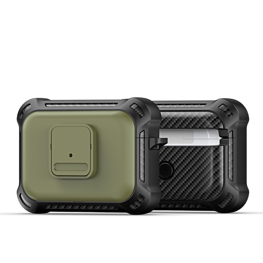 Усиленный чехол с вставками зеленого цвета (Army Green) от Dux Ducis для наушников Airpods Pro 2, серия PECG Series Case, в комплекте с карабином