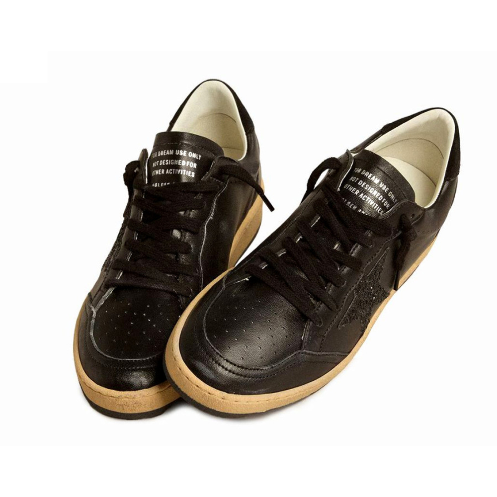 Women’s Golden Goose Ball Star Black nappa with Black glitter star and Suede heel tab
