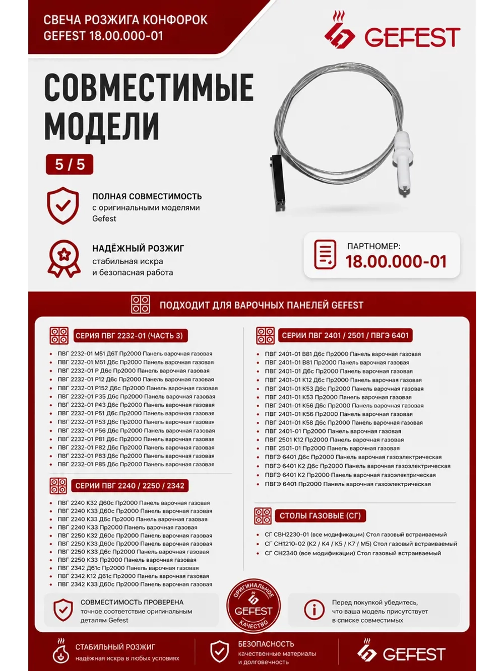 Свеча розжига конфорок Gefest 18.00.000-01 4 штуки