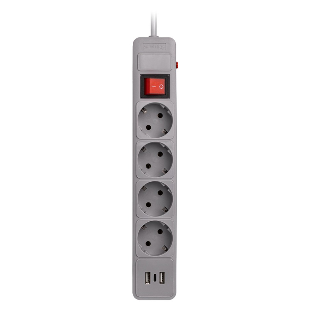 Сетевой фильтр c USB+Type C, 16А, 4 гнезда, c з/ш, с з/к, ПВС, 3 м, серый (SBSP-30C-G)