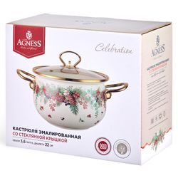 КАСТРЮЛЯ ЭМАЛИРОВАННАЯ AGNESS СО СТЕКЛЯННОЙ КРЫШКОЙ СЕРИЯ "CELEBRATION", 3.6 Л, 22*13 СМ