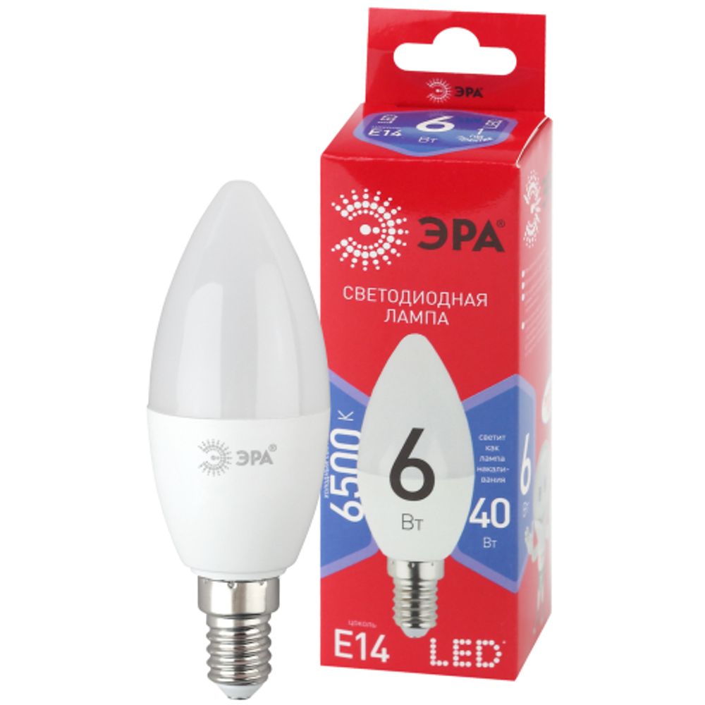 Лампа светодиодная ЭРА RED LINE LED B35-6W-865-E14 R 6Вт свеча холодный дневной свет Е14 | Лампы cветодиодные Свеча (B/C)