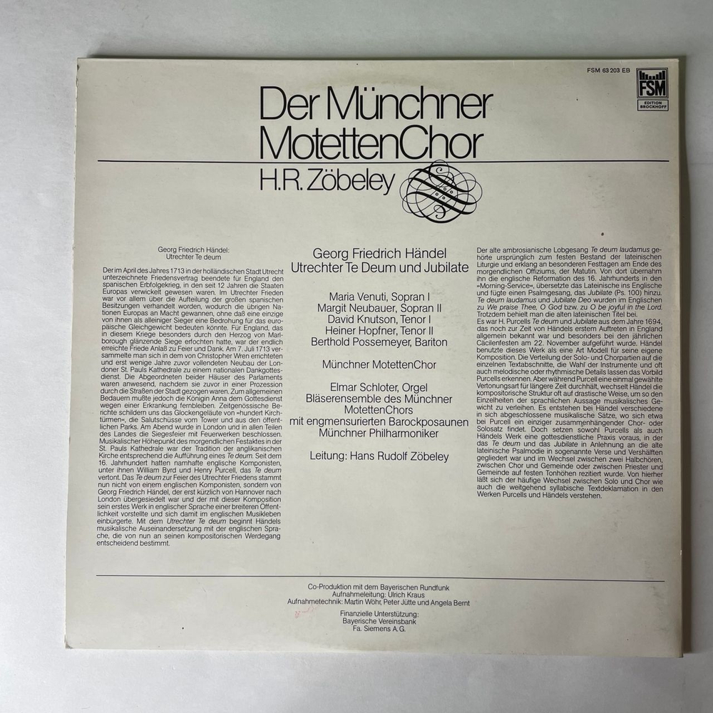 Винтажная виниловая пластинка LP G. F. Handel Йозеф Гайдн, Munchner Motettenchor, H.R. Zobeley, Utrechter Te Deum Und Jubilate (Германия 1977)