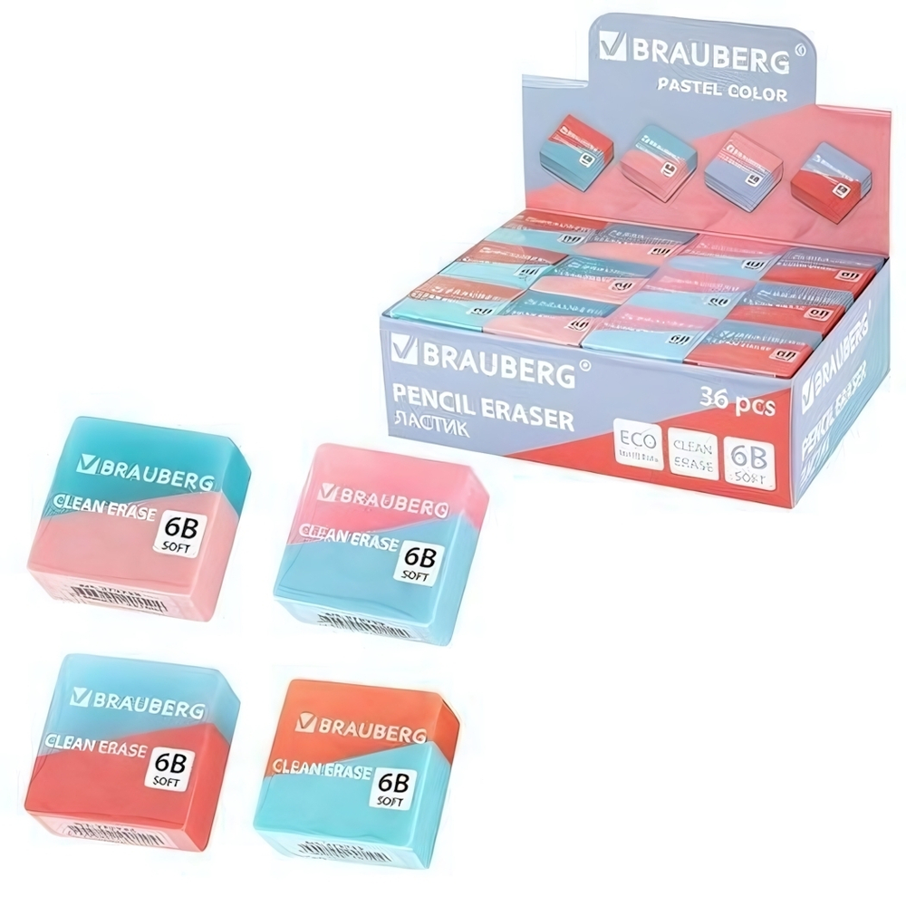 Ластик квадратный 34х34х14мм. "Pastel color duo" экологичный ПВХ. ассорти (BRAUBERG)