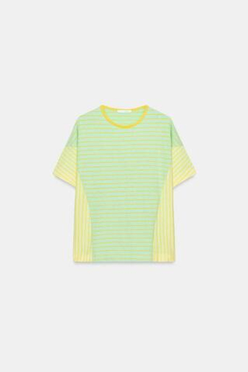 ZARA ХЛОПКОВАЯ ФУТБОЛКА В ПОЛОСКУ С ЛЬНОМ, ЛИНЯЛЫЙ ЗЕЛЕНЫЙ
