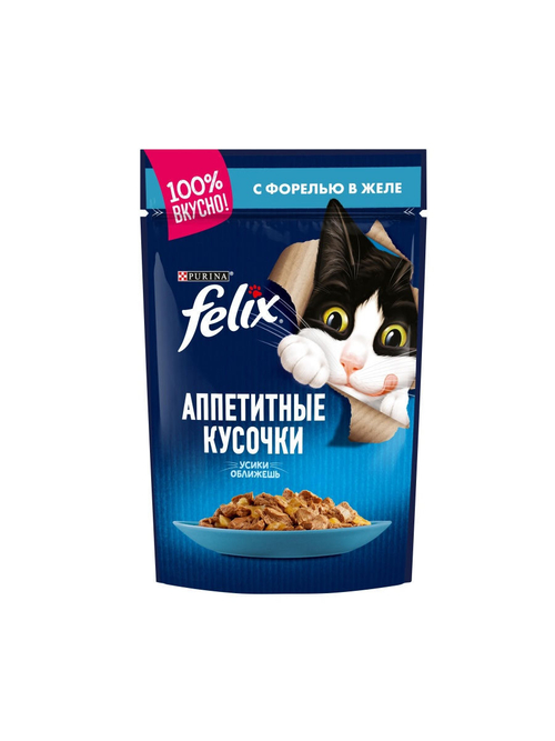 Влажный корм Felix Аппетитные кусочки для кошек, форель в желе, 85 г