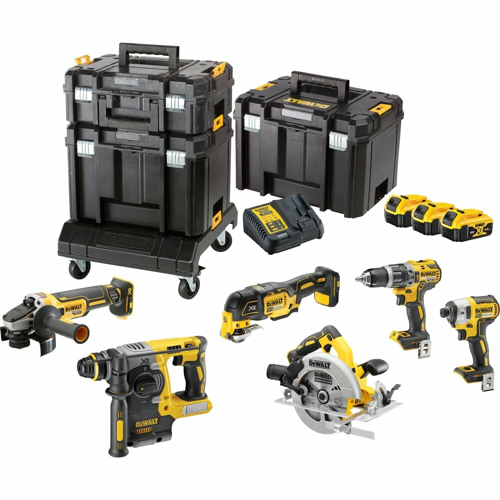 Набор DEWALT DCK685P3T 18 В: перфоратор + дисковая пила + УШМ + дрель + шуруповерт + реноватор, 3 АКБ 5 Ач и ЗУ, 3 кейса