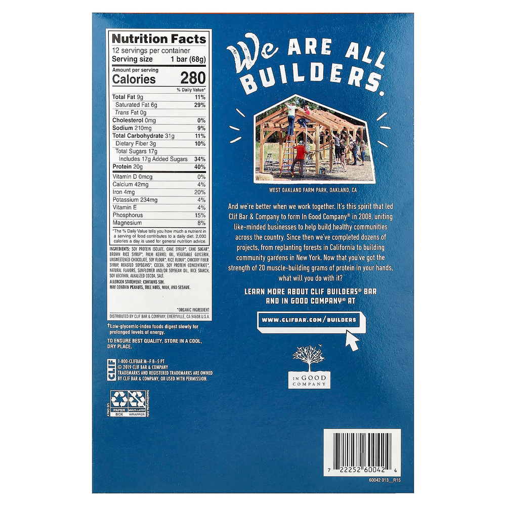 Clif Bar, Builders®, протеиновый батончик, шоколад, 12 батончиков по 68 г (2,4 унции)