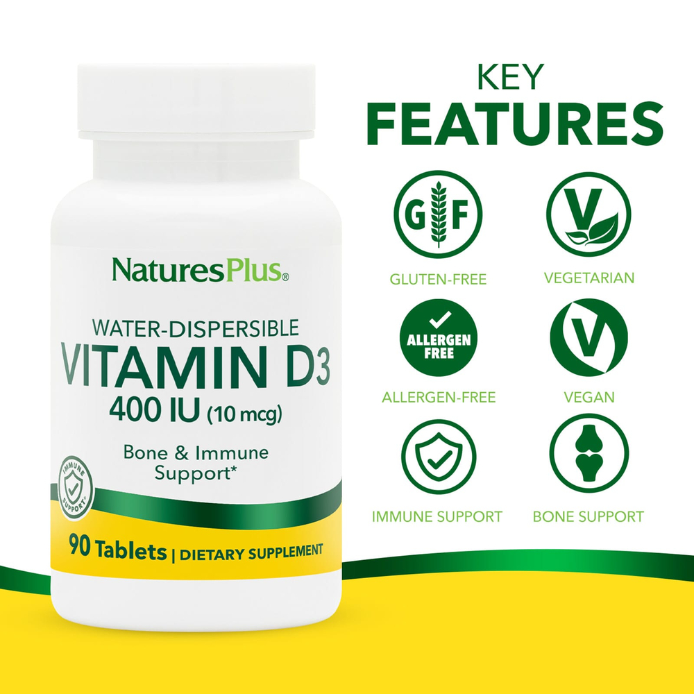NaturesPlus, Водорастворимый витамин D3, 10 мкг (400 МЕ), 90 таблеток