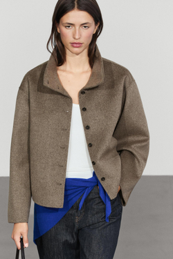 Massimo Dutti Куртка с воротником-стойкой из смесовой шерсти, коричневый