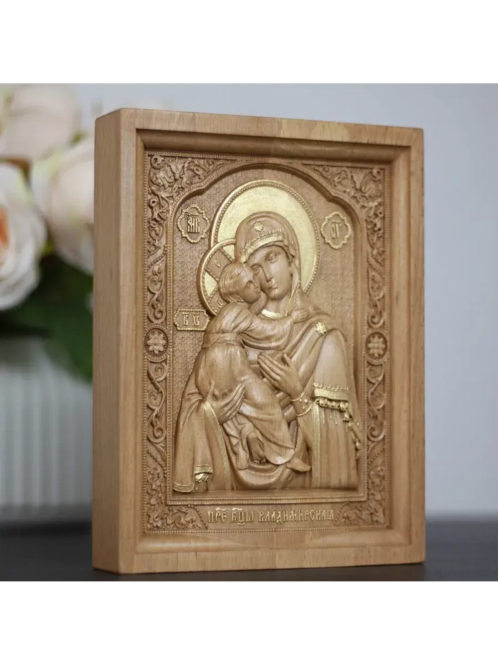 Владимирская икона Божией Матери деревянная резная, бук