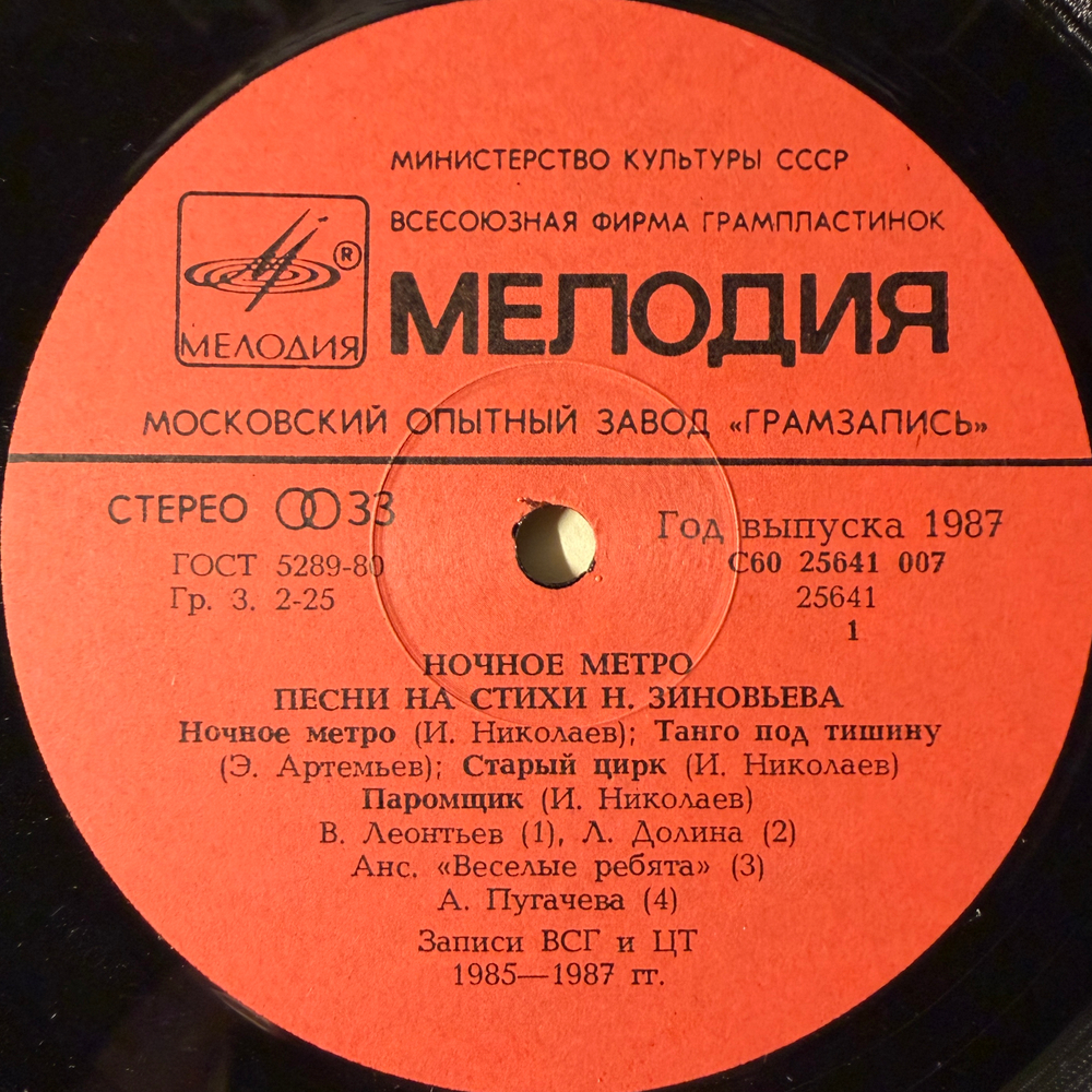 Виниловая пластинка Сборник Ночное Метро. Песни На Стихи Н. Зиновьева LP Мелодия