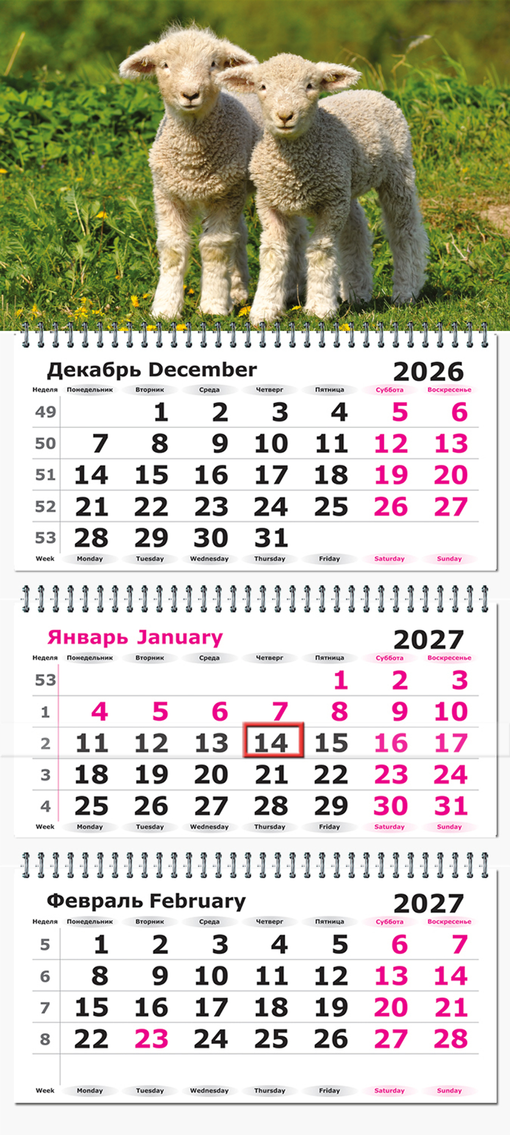 Календарь трехсекционный на 2027 год, "Символ года. Милые барашки"