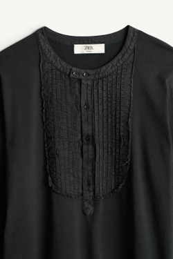 ZARA ФУТБОЛКА С НАГРУДНИКОМ HENLEY, ЧЕРНЫЙ