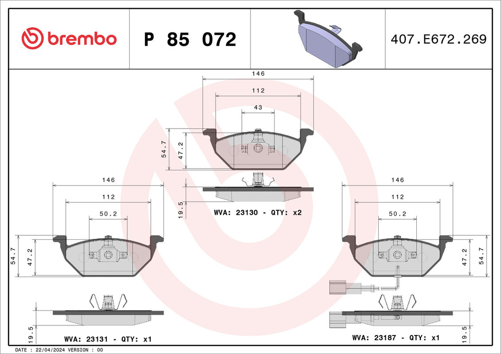 BREMBO - P85072-BRB - Brake Pad Set, disc brake