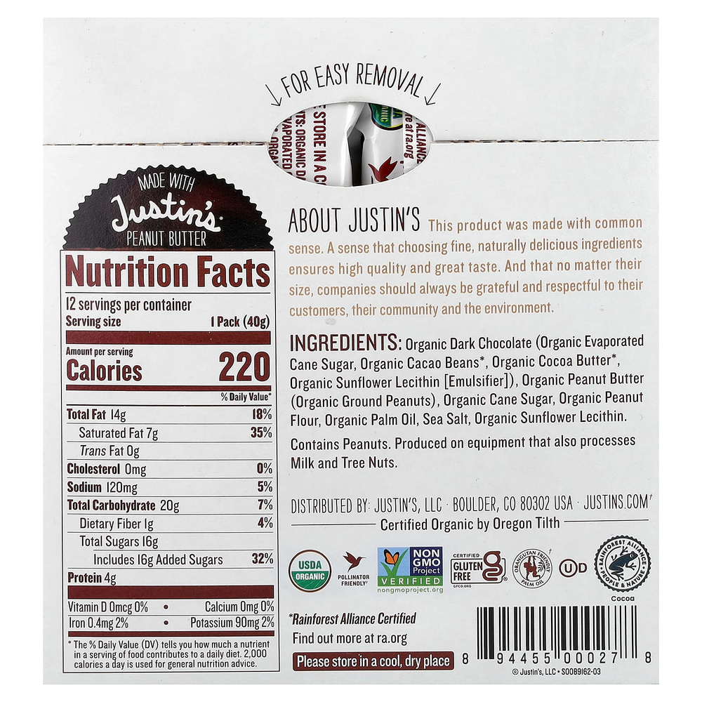Justin's Nut Butter, Organic Peanut Butter Cups, Dark Chocolate, 12 Two-Cup Packages, 16.8 oz (476 g)