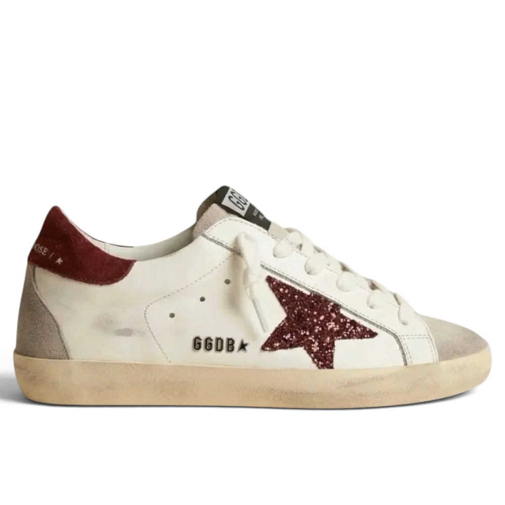 Women’s Super Star with burgundy glitter star and burgundy heel tab