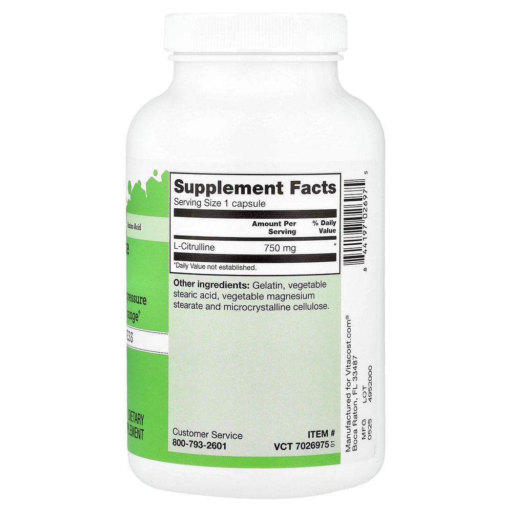 Vitacost, L-цитруллин, 750 мг, 180 капсул