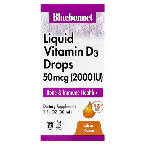 Bluebonnet Nutrition, жидкий витамин D3 в каплях, цитрус, 50 мкг (2000 МЕ), 30 мл (1 жидк. унция)