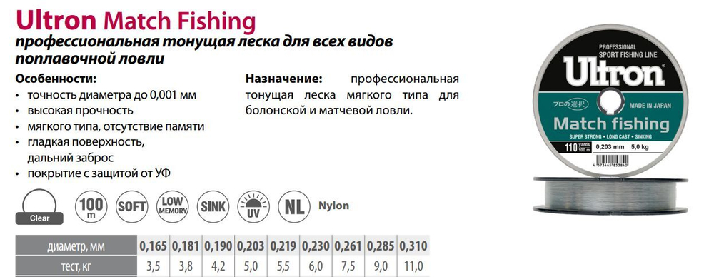 Монофильная леска рыболовная Match Fishing 0,261 мм, 7,5 кг