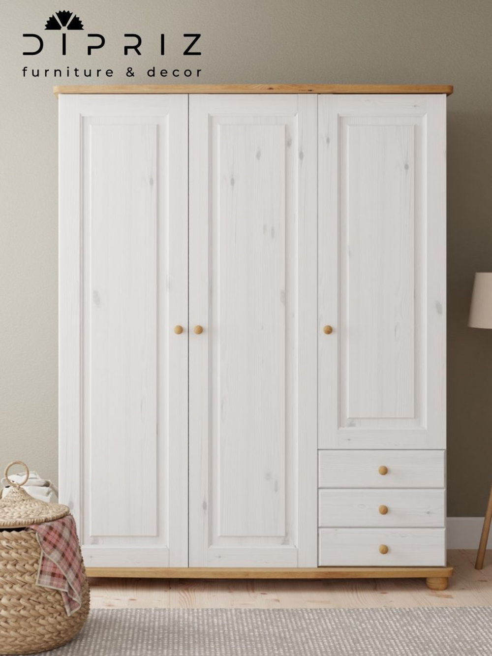 Шкаф для одежды Фалко 145,6×56,8×183,8, 3 двери и 3 ящика, массив сосны, белый воск