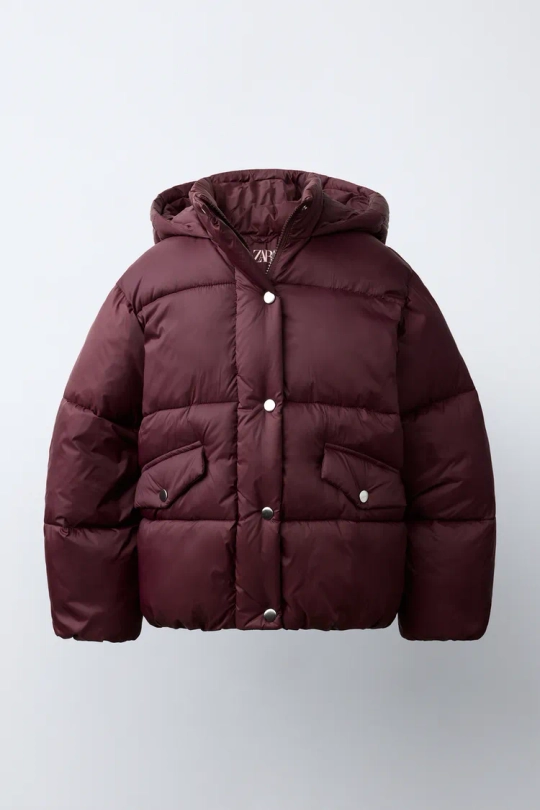 ZARA СТЕГАНАЯ КУРТКА WATER-REPELLENT С КАПЮШОНОМ, БУРГУНДИ