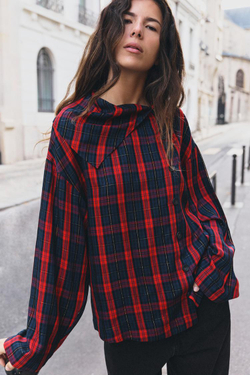 ZARA РУБАШКА В КЛЕТКУ С БЛЕСТЯЩЕЙ НИТЬЮ, КРАСНЫЙ/ТЕМНО-СИНИЙ