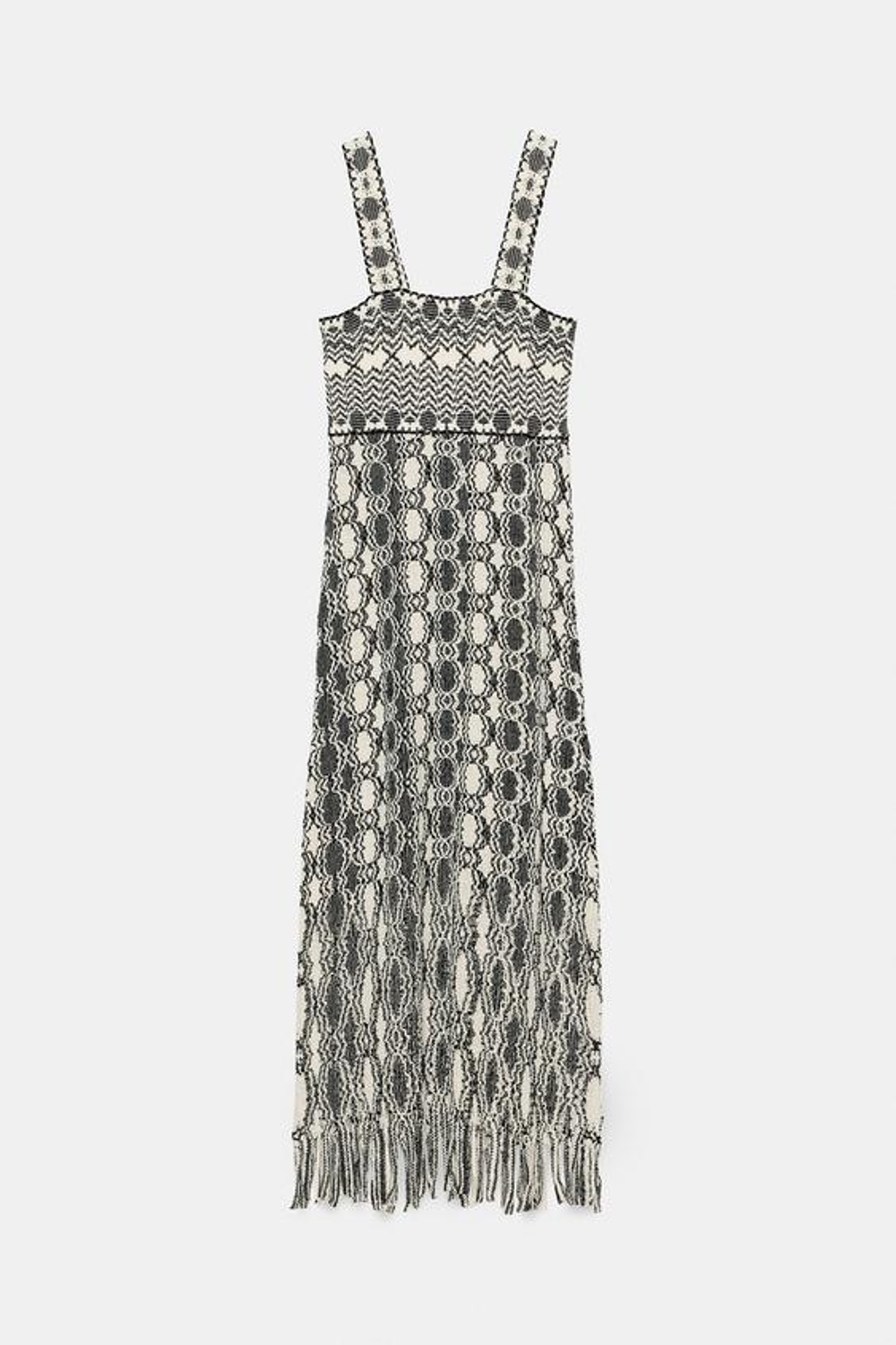 ZARA ТРИКОТАЖНОЕ ПЛАТЬЕ С БАХРОМОЙ, ЧЕРНЫЙ/БЕЛЫЙ