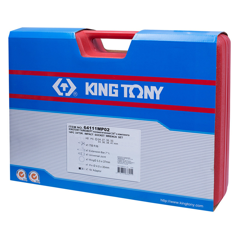 KING TONY (64111MP02) Гайковерт пневматический ударный 3/4", 1085 Нм, с комплектом ударных головок, 14 предметов