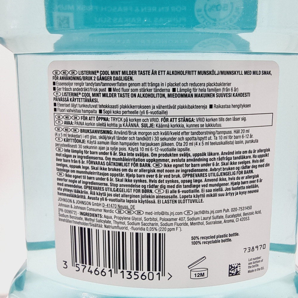 Ополаскиватель для рта Listerine Cool Mint , с фтором, без спирта мягкий вкус 1000 мл ( Германия)
