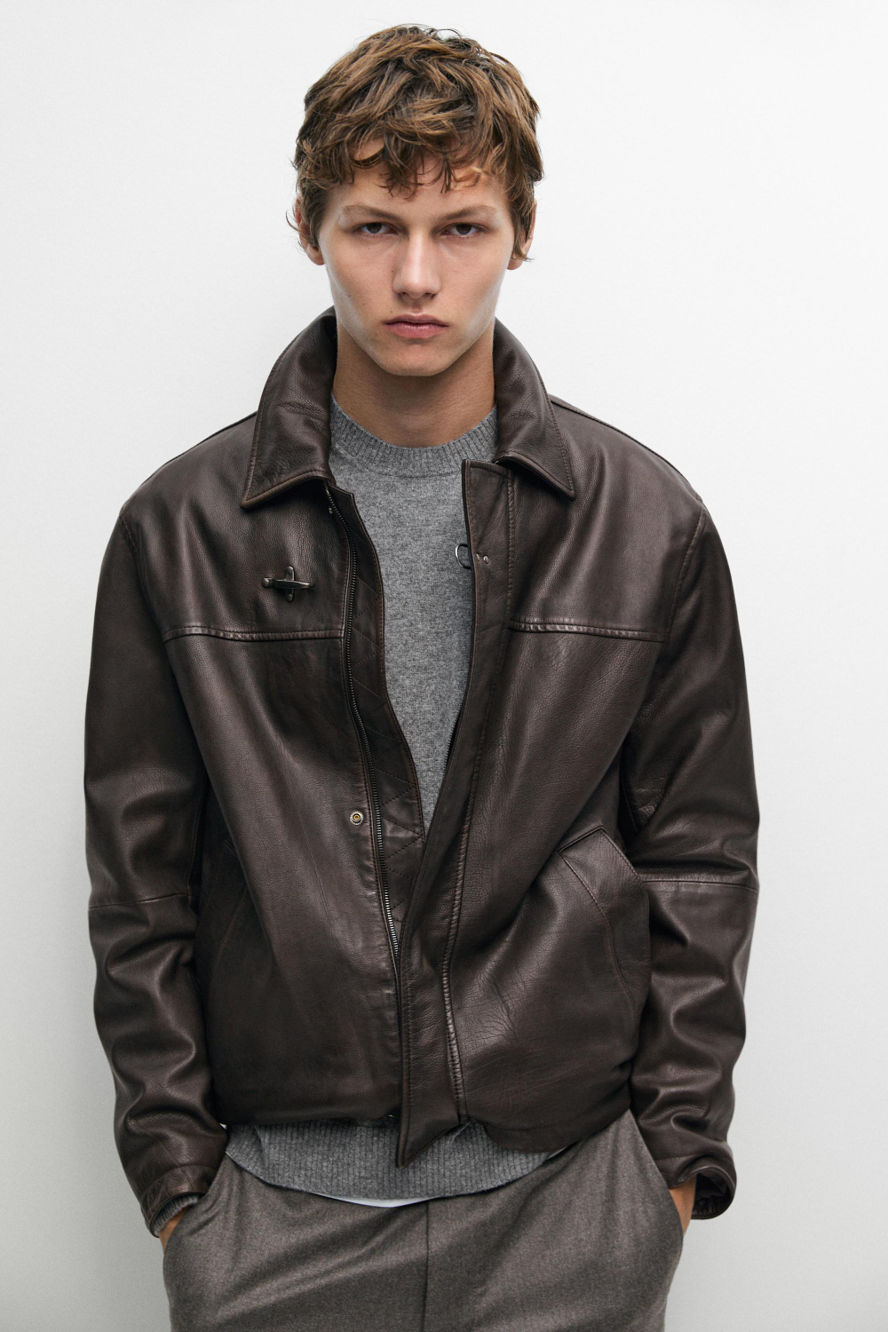 Massimo Dutti Куртка из кожи наппа с застежками-пуговицами, коричневый