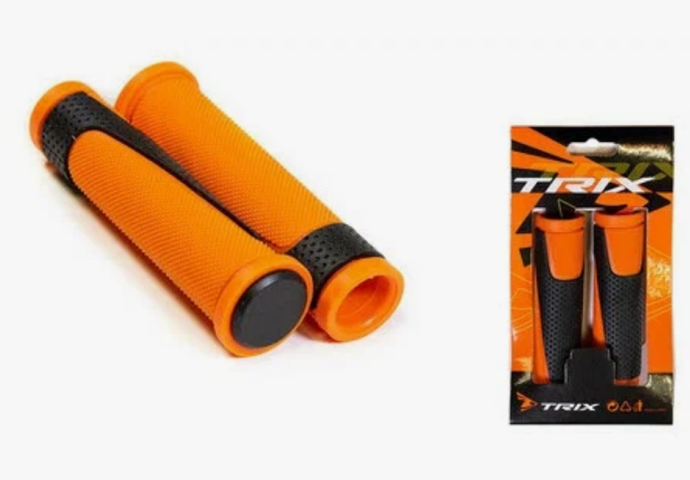 Грипсы TRIX, резиновые, 130мм, 2-х компонентные, с заглушками руля, черно-оранжевые