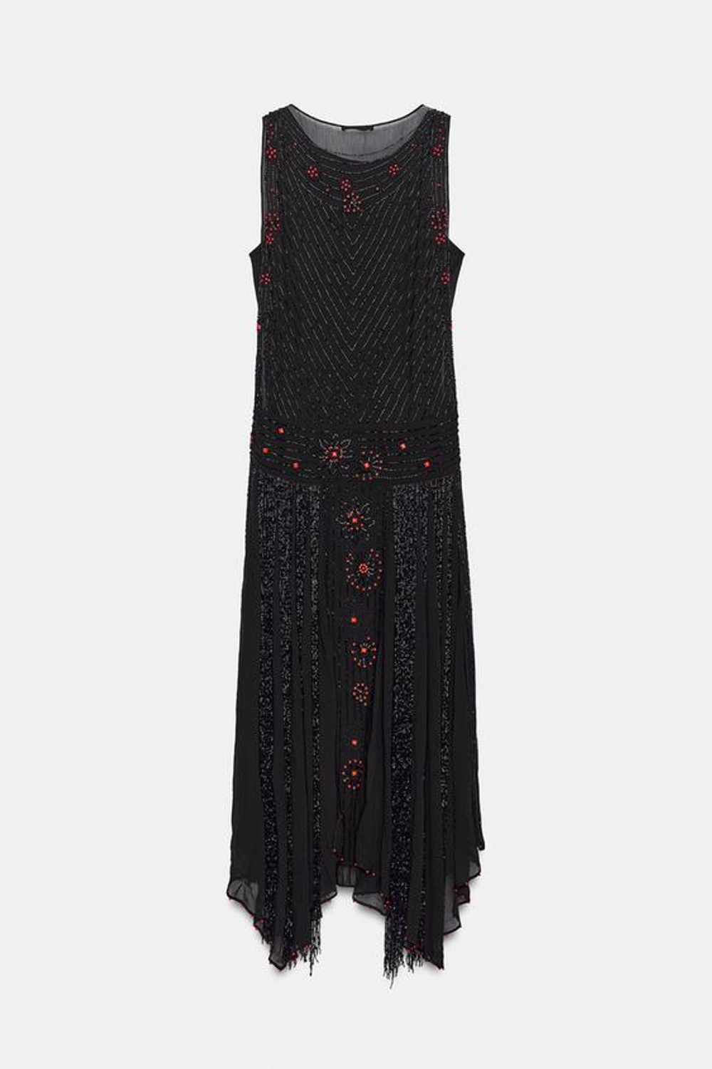 ZARA АСИММЕТРИЧНОЕ ПЛАТЬЕ С БУСИНАМИ И БАХРОМОЙ ZW COLLECTION, ЧЕРНЫЙ