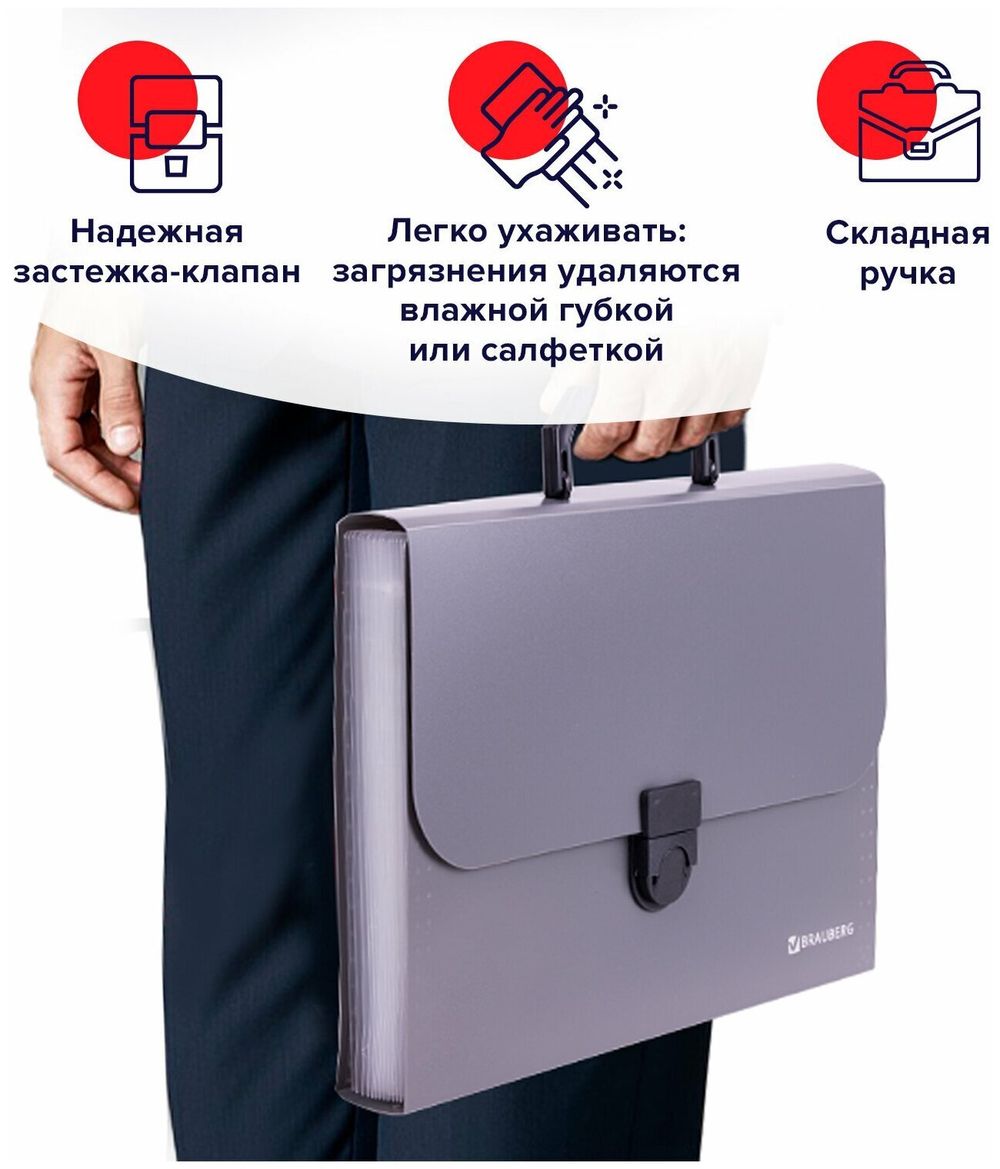Папка-портфель пластиковая BRAUBERG "ПРОЕКТ", А4 (330х240х35 мм), 13 отделений, серый, РОССИЯ, 226027