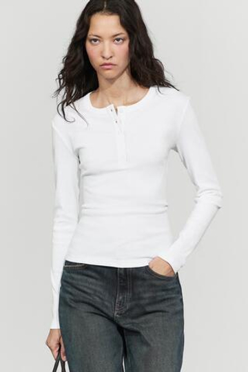 Massimo Dutti Футболка с воротником на пуговицах и длинными рукавами из 100% хлопка, белый