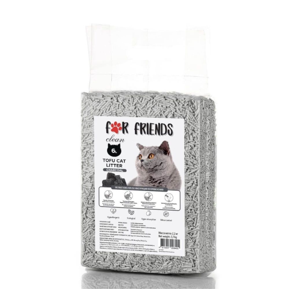 Наполнитель FOR FRIENDS Charcoal тофу, комкующийся растительный, с углем - 6 л