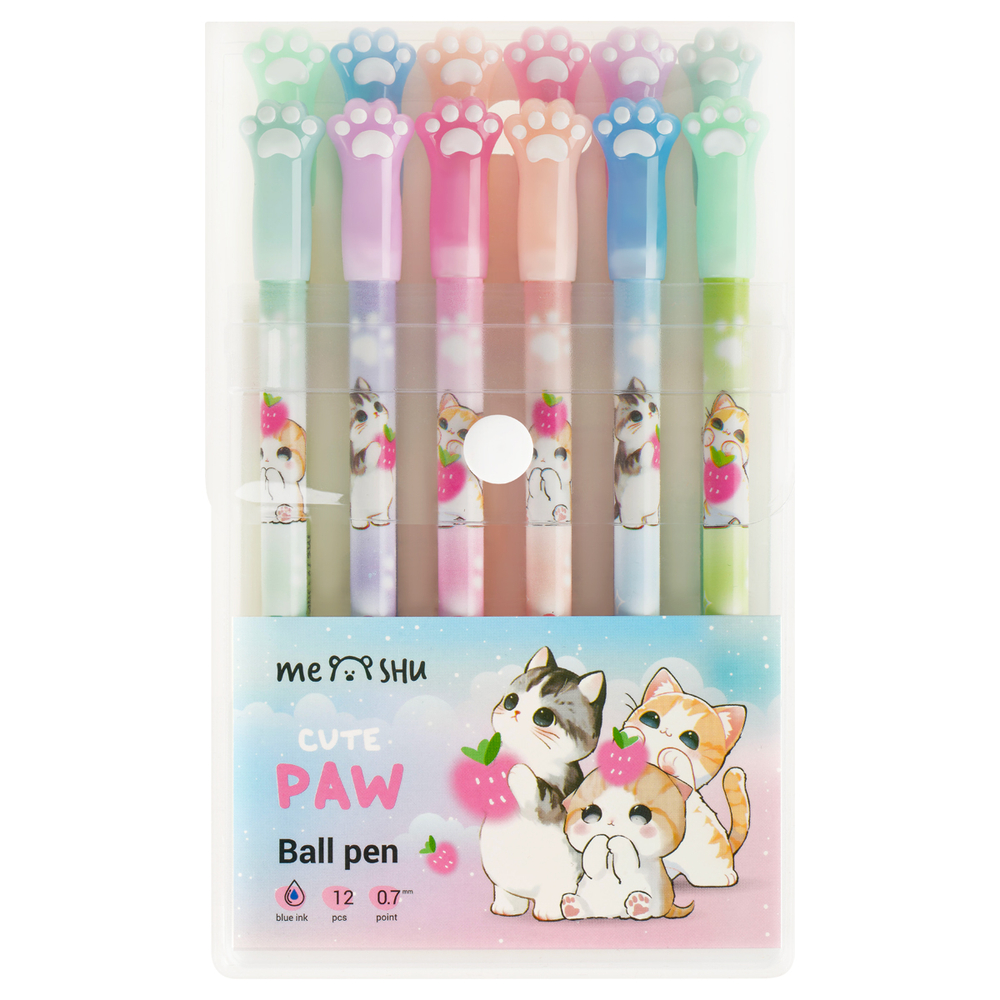 MESHU Ручка шариковая MESHU "Paw" 12шт., синие, 0,7мм, корпус ассорти, европодвес