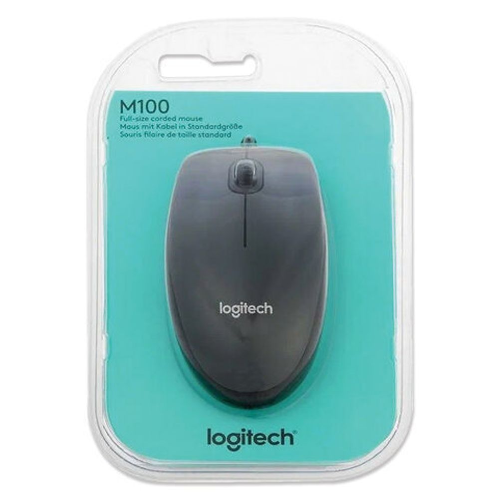 Мышь проводная LOGITECH M100, USB, 2 кнопки + 1 колесо-кнопка, оптическая, черно-серая