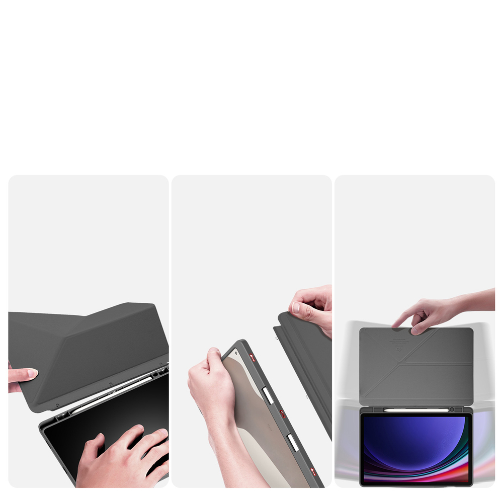 Чехол книжка серого цвета от Dux Ducis для Samsung Galaxy Tab S9, Tab S9 FE и Tab S10 FE, серия Magi Series Case, с держателем Pencil и функцией автоматического перехода в спящий режим