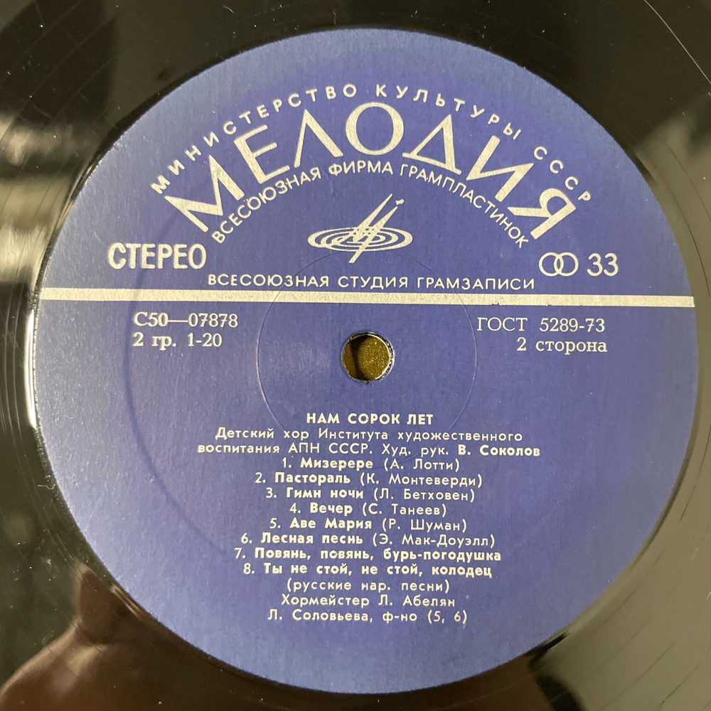 Винтажная виниловая пластинка LP Детский Хор Института Художественного Воспитания АПН СССР Нам Сорок Лет (СССР 1977)