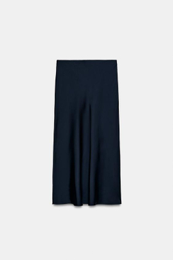 ZARA АТЛАСНАЯ ЮБКА МИДИ, МОРСКОЙ ТЕМНО-СИНИЙ