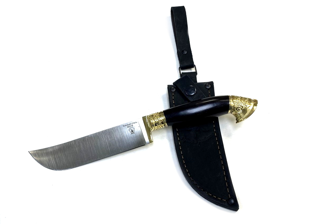 Нож Пчак Узбекский, кованая 95х18, черный граб, латунь, Русский молот