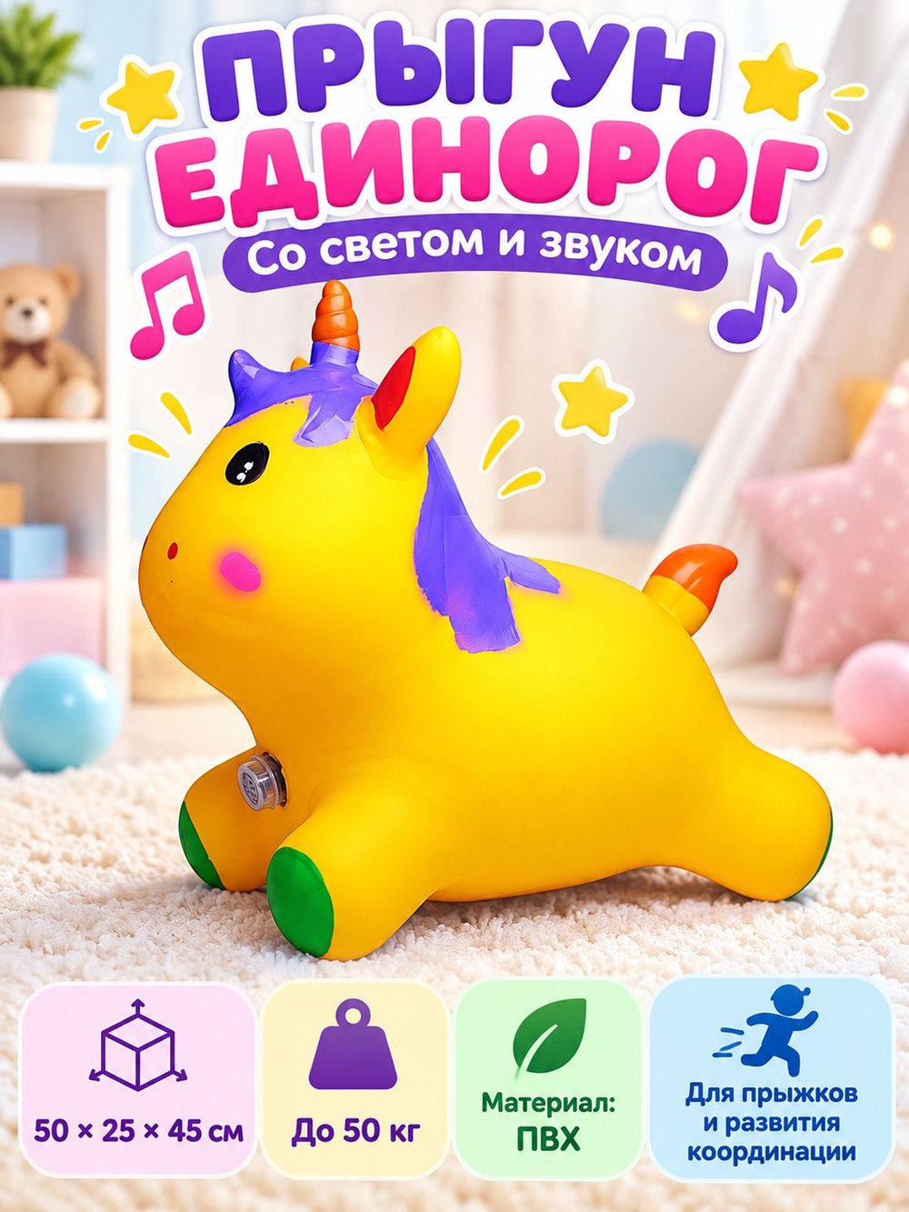 Прыгун Единорог со светом и звуком желтый (00-8350-2)
