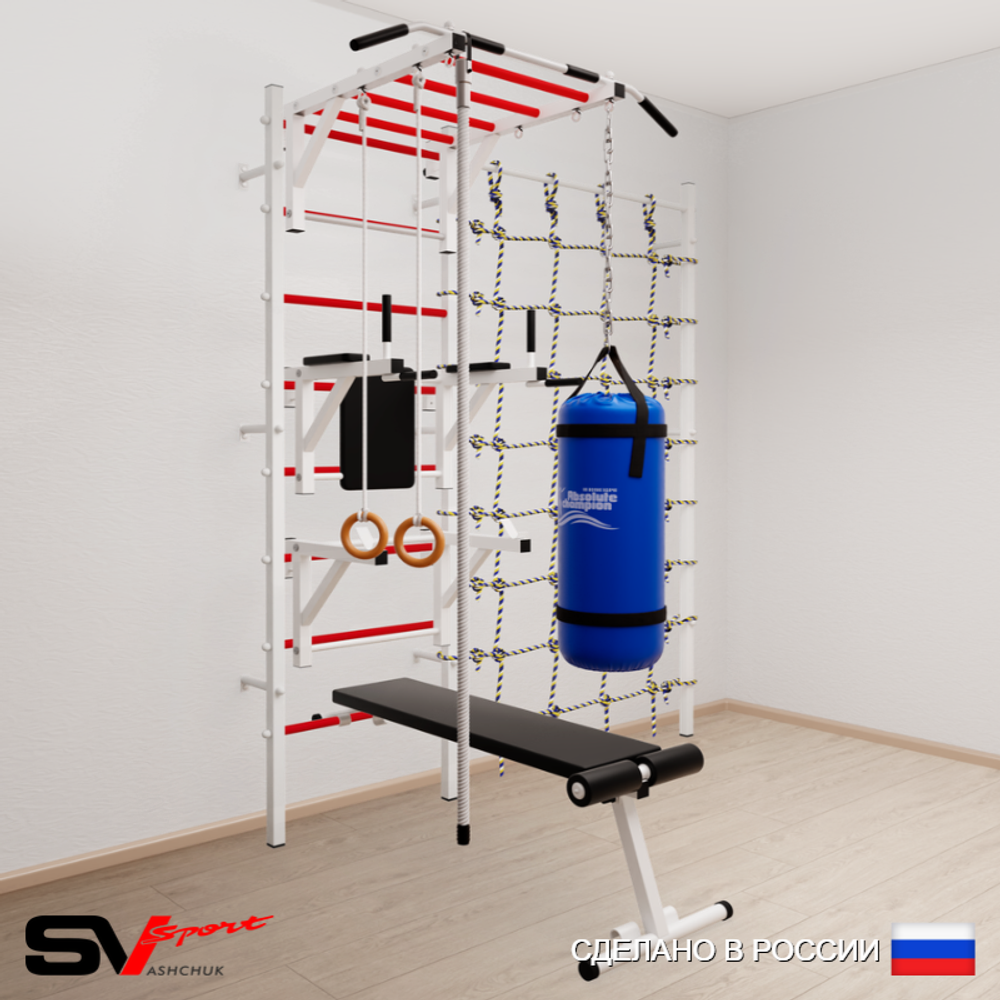 Шведская стенка Sv Sport 56430 (Турник рукоход/Брусья/Стойка/Скамья/Канат/Кольца/Цепь/Мешок 30кг/Канатный лаз)