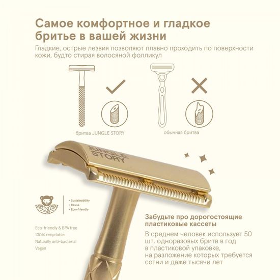 Бритвенный станок Jungle Story + 5 лезвий / комплект Золотистый Golden razor kit