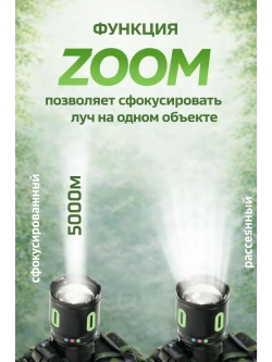 Налобный аккумуляторный фонарь с Power Bank и Zoom 8 режимов