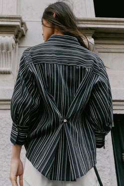 ZARA РУБАШКА В ПОЛОСКУ С РУКАВАМИ 3/4, ЧЕРНЫЙ/ЭКРЮ
