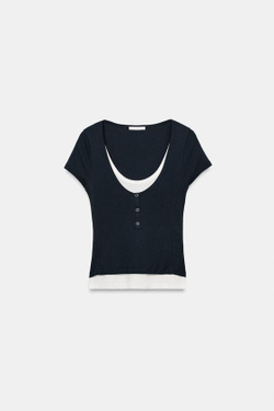 ZARA ФУТБОЛКА С ЭФФЕКТОМ МНОГОСЛОЙНОСТИ, МОРСКОЙ СИНИЙ