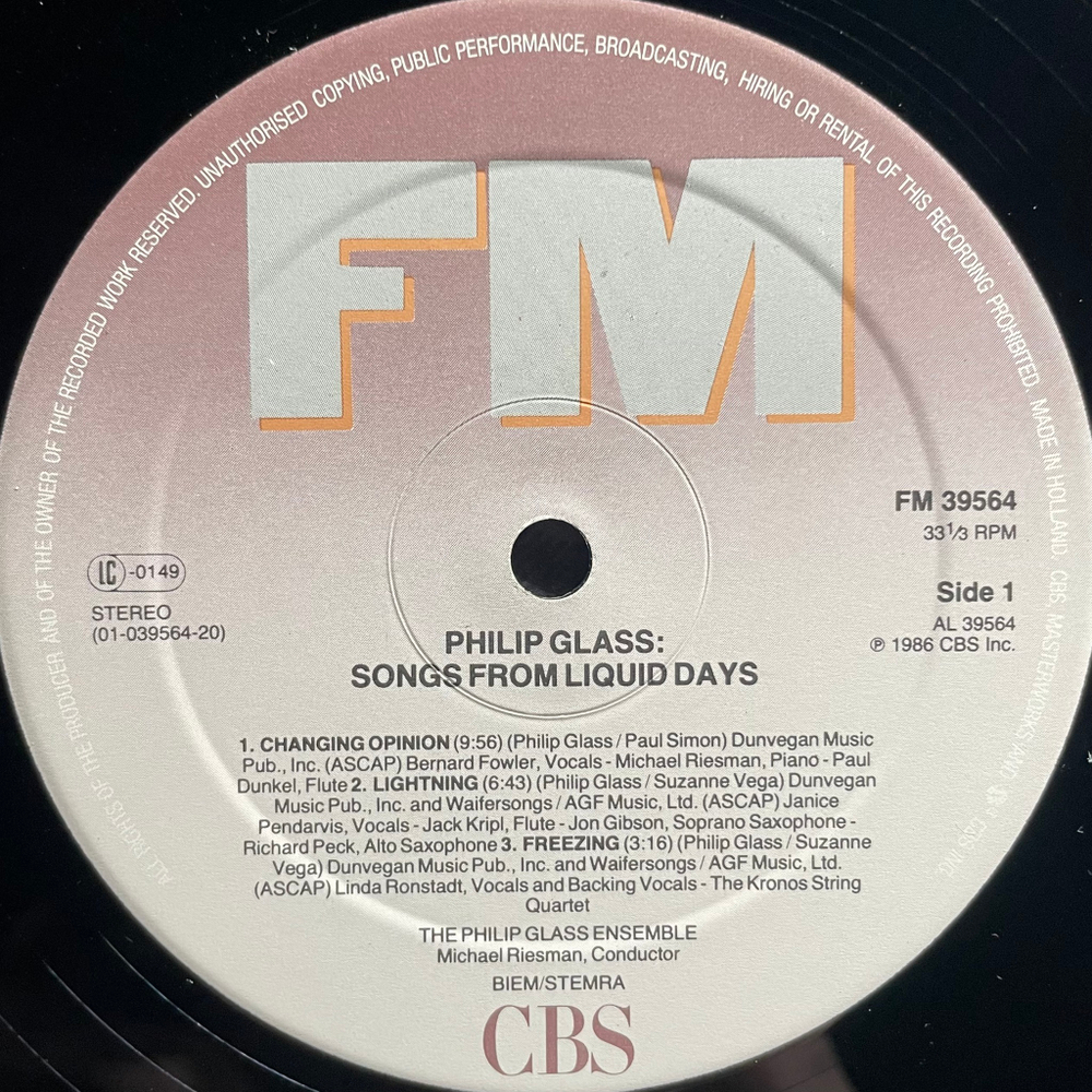 Philip Glass ‎– Songs From Liquid Days (Европа 1986г.)